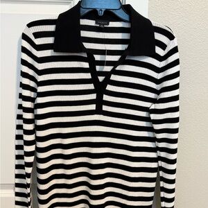 Talbots Black and White Striped V-Neck Sweater